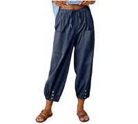 RMBLYfeiye Leinenhose Damen Elastische Taille Einfarbiges Stretch Schlupfhose Mit Taschen Tunnelzug Locker Palazzo Hose Sommerhose Damen Leicht Palazzo Hose Freizeithose Haremshose