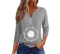 RMBLYfeiye Longshirt Damen Lässig Für Leggings Eterna Hemden Comfort Fit Oversize Bluse V-Ausschnitt Blumen Bedruckt Dreiviertelarm Shirt Tshirt Sommer Grau, L