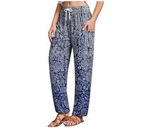 RMBLYfeiye Loose Fit Hose Damen Plissee Hose Damen Radlerhose Damen Kurz High Waist Elastische Taille Weites Bein Freizeithose Mit Taschen Tunnelzug Stretch Jogginghose Stoffhose Damen (Blau, L)