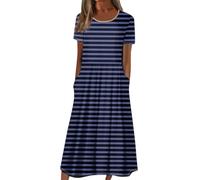 RMBLYfeiye Maxikleid Damen Partykleid Abendkleid Lang Rundhalsausschnitt Gestreifter Druck Kurzarm Mit Taschen Boho Style