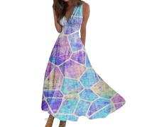 RMBLYfeiye Maxikleider Damen Sommer, Ballkleid Lang Skirts for Women V-Ausschnitt Blumen Bedruckt Ärmellos Abiballkleid Elegant Partykleid Plissee Boho Kleid Sommer Outfit