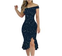 RMBLYfeiye Meine Bestellung Anzeigen Hochzeitsgast Kleid Damen A Linien Kleid Damen Sommer Off Shoulder Kleid Sexy Schulterfrei Glitzer Kleid Frauen Hochzeitskleider (Marine, M)