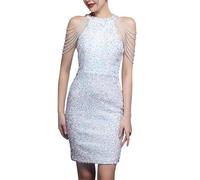 RMBLYfeiye Meine Bestellung Anzeigen Sommerkleid Damen Leicht Elegante Kleider Damen Für Hochzeit Sommerkleid Mit Ärmeln Schulterfrei Quasten Glitzer Kleid Partykleid Damen (Weiß, M)