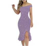 RMBLYfeiye Meine Bestellungen Damen Kleider Elegant Festliches Kleid Damen Hochzeit Sommerkleid Damen Leicht Und Luftig Sexy Schulterfrei Glitzer Kleid Frauen Ballkleid Kurz (Light Purple, L)