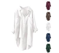 RMBLYfeiye Musselin Bluse Damen Sommer Revers Einfarbig Leinenbluse Ausgefallene Baumwoll Leinen Casual Hemdbluse Elegant Oberteile Aesthetic Shirt Oversize Locker Longshirt