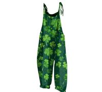 RMBLYfeiye Onesie Kostüm Latzhose Damen Blau Fasching Kleeblatt Druck St Patricks Day Jumpsuit Wide Leg Playsuit Rückenfrei Romper Kuschelig Strampler Ärmelloser Armeegrün L