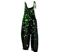 RMBLYfeiye Orangener Overall Sport Jumpsuit Damen Winter Kleeblatt Druck St Patricks Day Wide Leg Playsuit Rückenfrei Romper Kuschelig Strampler Ärmelloser Onesie Schwarz S