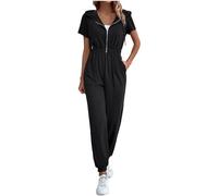 RMBLYfeiye Overall Damen Sommer Hosenanzug Sportlich Elegant Elegante Jumpsuits Für Hochzeit V-Ausschnitt Einfarbiges Jumpsuit Lang Kurzarm Mit Reißverschluss Blauer