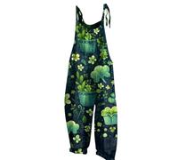 RMBLYfeiye Overall Kostüm Damen Schwarzer Jumpsuit Schlafanzug Kleeblatt Druck St Patricks Day Wide Leg Playsuit Kuschelig Strampler Ärmelloser Onesie Minzgrün 3Xl