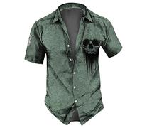 RMBLYfeiye Polo Shirts Männer Hemd Herren Schwarz Cowboy Hemd Reverskragen Druckknopf Totenkopf Drucken Hemd Kurzarm Regular Fit Arbeitshemd Locker Sommerhemd Funktionsshirt (Grün, XL)