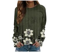 RMBLYfeiye Poloshirt Damen Glitzer Oberteile Damen Funktionsshirt Damen Langarm Blumenmuster Rundhals Tshirt Langarm Oversized Sweatshirt Locker Sport Shirt Badeshirt Damen (Dunkelgrün, L)