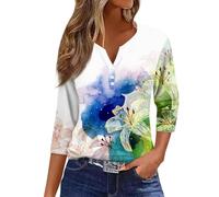 RMBLYfeiye Poloshirt Damen T-Shirt Sommer Blumen Bedruckt V-Ausschnitt Dreiviertelarm Shirt Locker Basic Ausgefallene Dirndl Bluse Hellgrün, XXL