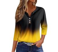 RMBLYfeiye Poloshirt Damen T-Shirt Sommer Oversize Bluse V-Ausschnitt Blumen Bedruckt Dreiviertelarm Shirt Oberteile Schwarz, L