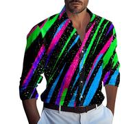 RMBLYfeiye Poloshirt Herren Langarm Tops Y2K T-Shirt Organizer Revers Neon Druck Strandhemd Knopfleiste Bequem Bügelfrei Hemd T Shirt Schwarz