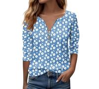 RMBLYfeiye Schlafshirt Damen Langarmshirt Stilltops V-Ausschnitt Blumen Bedruckt Tshirt Mit Reißverschluss Oversize T Shirt Für Frauen Casual Blusenshirt Basic Outdoor Tops Oberteile