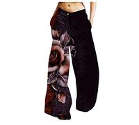 RMBLYfeiye Schwarze Hose Damen Elegant Paperbag Hosen Damen Culottes Hosen Damen Low Waist Rose Druck Palazzo Hose Tunnelzug Wide Leg 7/8 Hosen Mit Taschen Elastische Taille Weite Hose Pants Damen