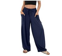 RMBLYfeiye Schwarze Hose Damen Schwarze Hose Damen Elegant Sporthose Damen Kurz Elastische Taille Einfarbiges Palazzo Hose Mit Taschen Tunnelzug Stretch Jogginghose Hose Damen (Marine, XXL)