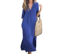 RMBLYfeiye Sexy Kleid Damen Abendkleid Lang Elegant Für Hochzeit Wickelkleid Sommer Baumwoll Leinen Einfarbiges Sommerkleid 3/4 Arm V-Ausschnitt Maxikleid Blau