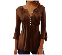 RMBLYfeiye Shirt 3/4 Arm Damen V-Ausschnitt Plissee Dreiviertelarm Trompetenärmel a Linien Ausgefallene Bluse Blumen Bedruckt Casual Blusenshirt Festliche Oberteile Sommer Longshirt