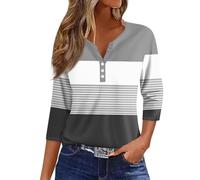RMBLYfeiye Shirt Damen 3/4 Arm V-Ausschnitt Gestreifter Druck Dreiviertelarm Mit Knopfleiste Casual Tunika Bluse Frauen Blusenshirt Aesthetic Elegante Oberteile Ausgefallene Musselin