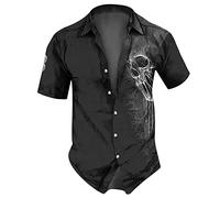 RMBLYfeiye Shirt Langarm Herren Hemd Ohne Kragen Herren Longsleeve Herren Reverskragen Ethnic Druck Henley Shirt Knopfleiste Totenkopf Shirt Trachtenhemd Herren Shirts (Schwarz, 3XL)