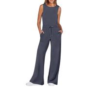 RMBLYfeiye Sommer Outfits Damen Gym Set Jumpsuit Kurz Einfarbiges Rundhals Ärmelloser Lang Tunnelzug Overall Mit Taschen Chiffon Hosenanzug