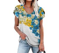 RMBLYfeiye Sommer T Shirt Damen V-Ausschnitt Blumen Bedruckt Rüschenärmel Tunika Tops Elegant Locker Longshirt Basic Blusenshirt Kurzarm Retro Boho Tops Freizeitshirt