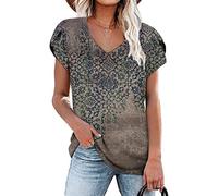 RMBLYfeiye Sommer T Shirt Damen V-Ausschnitt Blumen Bedruckt Rüschenärmel Tunika Tops Elegant Locker Longshirt Basic Blusenshirt Kurzarm Retro Boho Tops Freizeitshirt