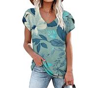 RMBLYfeiye Sommer T Shirt Damen V-Ausschnitt Retro Blumen Bedruckt Rüschenärmel Tunika Tops Elegant Locker Longshirt Basic Blusenshirt Kurzarm Vintage Boho Tops Freizeitshirt Party Tops
