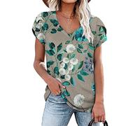 RMBLYfeiye Sommer T Shirt Damen V-Ausschnitt Retro Blumen Bedruckt Rüschenärmel Tunika Tops Elegant Locker Longshirt Basic Blusenshirt Kurzarm Vintage Boho Tops Freizeitshirt Party Tops