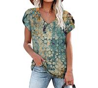 RMBLYfeiye Sommer T Shirt Damen V-Ausschnitt Rose Druck Rüschenärmel Tunika Tops Elegant Locker Longshirt Basic Blusenshirt Kurzarm Retro Boho Tops Freizeitshirt