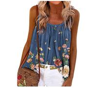 RMBLYfeiye Sommer Tunika Tops Damen Rundhals Blumen Bedruckt Spaghetti Tank Top Plissiertes Locker Blusen Ärmellos Sexy Rückenfrei Party Tops Retro Boho Tops Elegant Oberteile