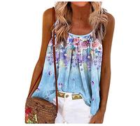 RMBLYfeiye Sommer Tunika Tops Damen Rundhals Blumen Bedruckt Spaghetti Tank Top Plissiertes Locker Blusen Ärmellos Sexy Rückenfrei Party Tops Retro Boho Tops Elegant Oberteile