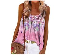 RMBLYfeiye Sommer Tunika Tops Damen Rundhals Blumen Bedruckt Spaghetti Tank Top Plissiertes Locker Blusen Ärmellos Sexy Rückenfrei Party Tops Retro Boho Tops Elegant Oberteile