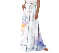 RMBLYfeiye Sommerhose Damen Leicht High Waist Blumen Bedruckt Palazzo Hose Tunnelzug 7/8 Hosen Mit Taschen Locker Vintage Baggy Stoffhose Weites Bein Caprihose Elegant Outdoor Swing Boho
