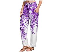 RMBLYfeiye Sommerhose Damen Leicht Paperbag Hosen Damen Damen Hose Schwarz High Waist Elastische Taille Musterdruck Freizeithose Mit Taschen Tunnelzug Stretch Jogginghose Y2K Jeans (Lila, XL)