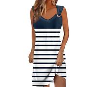 RMBLYfeiye Sommerkleid Damen Knielang, Gestreifter Druck Spaghetti Blusenkleid Mit Breiten Trägern V-Ausschnitt Midikleid Ärmellos Strandkleid Luftig Hawaii Kleid Kurz Urlaub Kleider Rockabilly