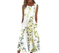 RMBLYfeiye Sommerkleid Damen Lang Rundhals Blumen Bedruckt Freizeitkleid Ärmelloser Partykleid Mit Taschen A Linien Ballkleider Swing Maxikleid Plissee Blümchenkleid Hippie Kleid Frauen Abiballkleid