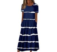 RMBLYfeiye Sommerkleid Damen Lang Rundhals Gestreifter Druck Kurzarm Ballkleider Mit Taschen Elegant Boho Kleid A Linien Maxikleid Hohe Taille Swing Plissee Abendkleid Festliche Kleider