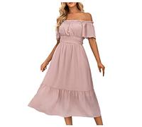RMBLYfeiye Sommerkleid Damen,Sommerkleid Damen Rundhals Einfarbiges Gerippt Stickerei Maxikleid Puffärmel A Linien Plissiertes Tunika Kleid Rüschensaum Ballkleider Lang