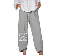 RMBLYfeiye Sport Hosen Damen Chino Damen Hose Wanderhose Damen Sommer Elastische Taille Musterdruck Stretch 7/8 Hosen Mit Taschen Tunnelzug Locker Palazzo Hose Stoffhose Damen (Light Gray, S)