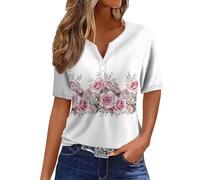 RMBLYfeiye Sportshirt Damen Langarm I Love My Boyfriend Shirt Damenblusen Blumenmuster Kurzarm T V-Ausschnitt Henley Mit Knopfleiste Casual Trainingsshirt Rüschenbluse