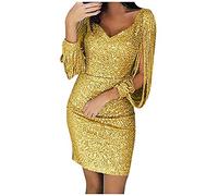 RMBLYfeiye Strandkleid Damen Kleid Langarm Gold V-Ausschnitt Pailletten Wickelkleid Sexy Glitzerkleid Quasten Etuikleid Ballkleider