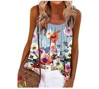 RMBLYfeiye Strandtunika Damen Rundhals Blumen Bedruckt Spaghetti Tank Top Plissiertes Locker Blusen Ärmellos Sexy Rückenfrei Party Tops Retro Boho Tops Elegant Oberteile