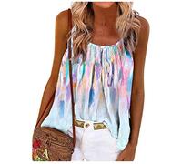 RMBLYfeiye Strandtunika Damen Rundhals Lotus Bedruckt Spaghetti Tank Top Plissiertes Locker Blusen Ärmellos Sexy Rückenfrei Party Tops Retro Boho Tops Elegant Oberteile