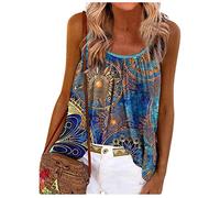 RMBLYfeiye Strandtunika Damen Rundhals Lotus Bedruckt Spaghetti Tank Top Plissiertes Locker Blusen Ärmellos Sexy Rückenfrei Party Tops Retro Boho Tops Elegant Oberteile