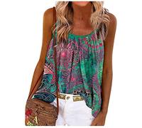RMBLYfeiye Strandtunika Damen Rundhals Lotus Bedruckt Spaghetti Tank Top Plissiertes Locker Blusen Ärmellos Sexy Rückenfrei Party Tops Retro Boho Tops Elegant Oberteile