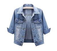 RMBLYfeiye Strickjacke Damen Kurz Blazer Sportlich Elegant Dufflecoat Reverskragen Druckknopf 3/4 Ärmel Denim Cardigan Jeans Boleros Mit Brusttasche Wickeljacke