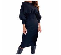 RMBLYfeiye Strickkleid Damen Rundhals Einfarbiges Laternenärmel Business Kleider A Linien Bleistiftkleid Elegant Wickelkleid Etuikleid Für Frauen Figurbetontes Kleid Cocktailkleid Knielang