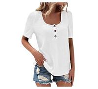 RMBLYfeiye T Shirt Damen U-Ausschnitt Einfarbiges Waffel Crochet Sommer Oberteile Kurzarm Knopfleiste Longshirt Basic Tunika Tops Elegant Blusen Locker Urlaub T Shirt